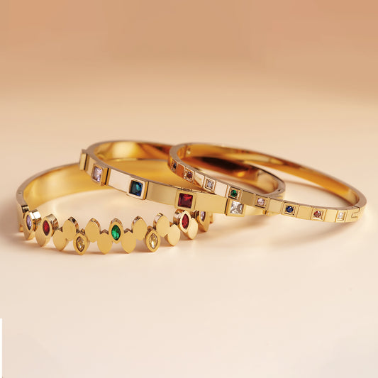 Elegant Multi-Gem Bracelet Stack - 18K gold plated stainless steel bracelet stack close-up view - Mehraya