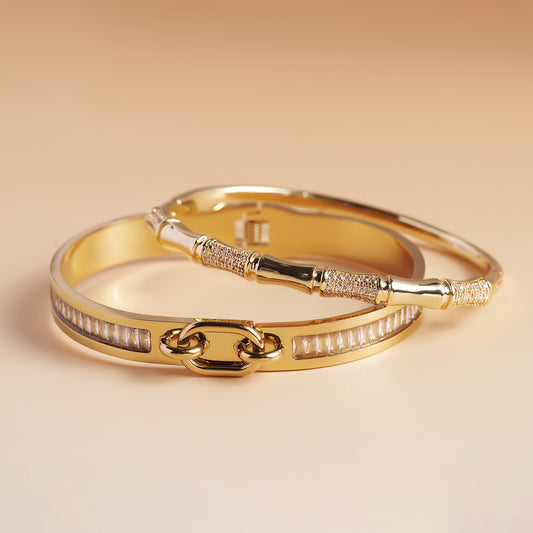Crystal Line Gold Bracelet Stack - 18K gold plated stainless steel bracelet stack close-up view - Mehraya