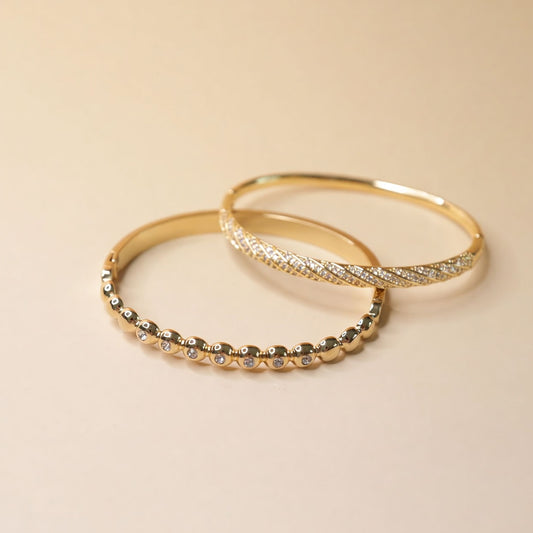 Golden Zirconia Duo Bracelet Stack - 18K gold plated stainless steel bracelet stack close-up view - Mehraya
