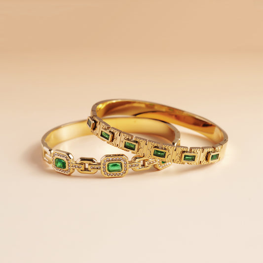Regalia Green Bracelet Stack - 18K gold plated stainless steel bracelet stack close-up view - Mehraya