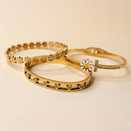 Daisy Dream Bracelet Stack - 18K gold plated stainless steel bracelet stack close-up view - Mehraya
