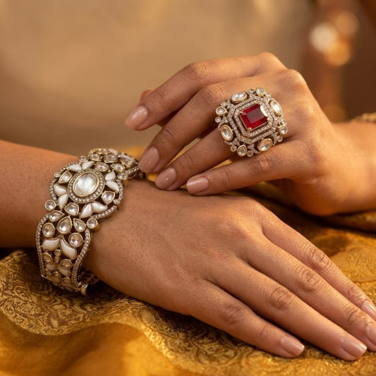 Imperial Grace Combo - 22K gold plated jewellery combo set close-up view - Mehraya