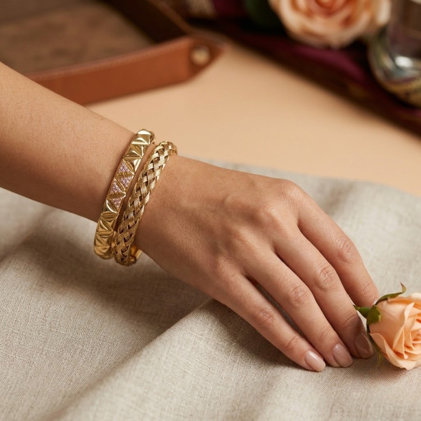 Golden Essence Bracelet Stack - 18K gold plated stainless steel bracelet stack close-up view - Mehraya