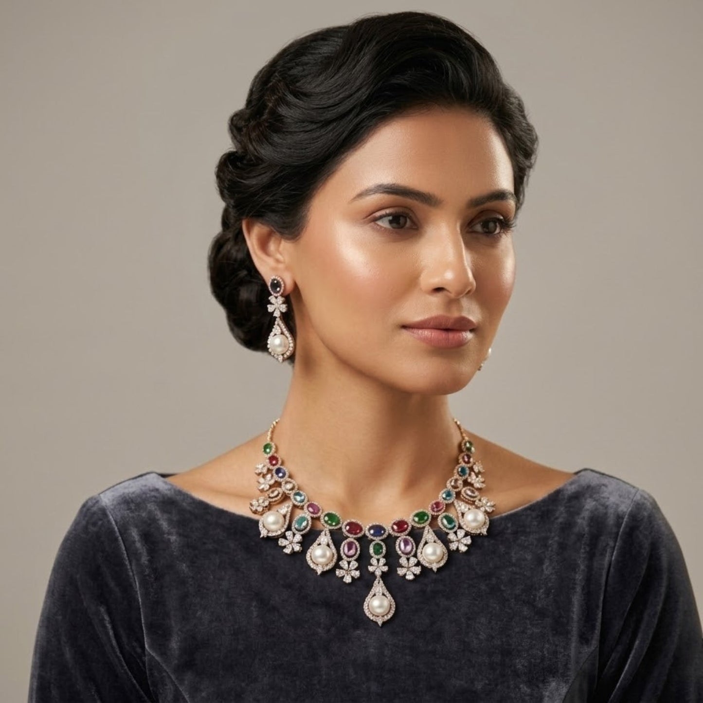 Pearl Garden Gemstone Set - 22K gold plated jewellery set - Mehraya - close-up view
