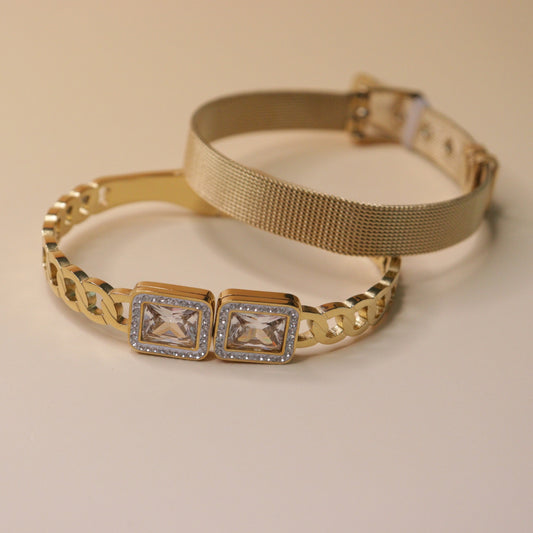 Twin Radiance Golden Bracelet Stack - 18K gold plated stainless steel bracelet stack close-up view - Mehraya
