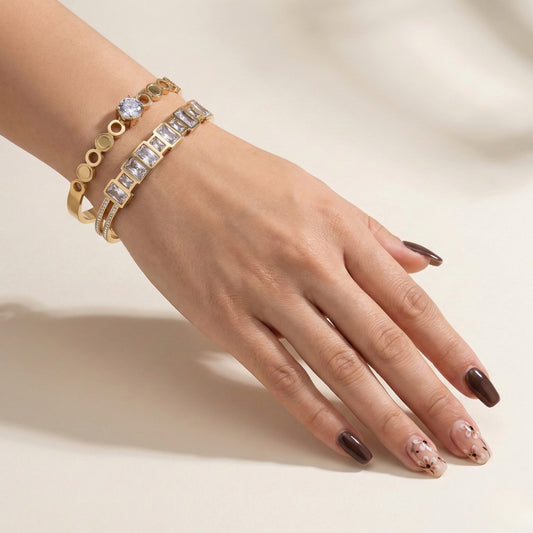 Golden Hour Bracelet Stack - 18K gold plated stainless steel bracelet stack close-up view - Mehraya