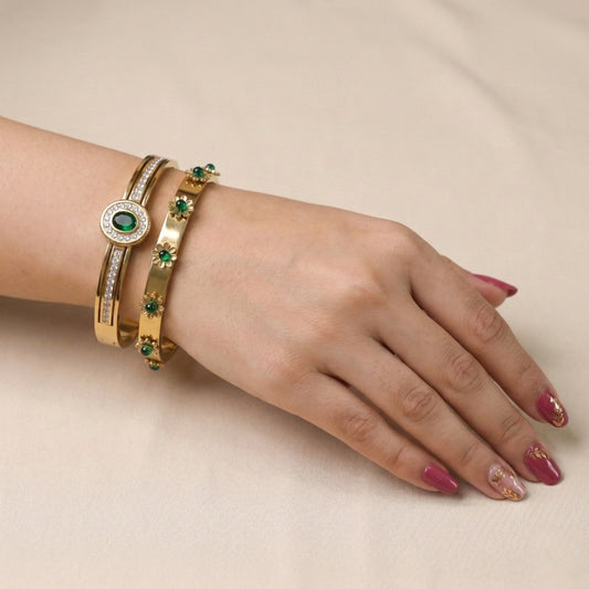 Emerald Flora Bracelet Stack - 18K gold plated stainless steel bracelet stack close-up view - Mehraya