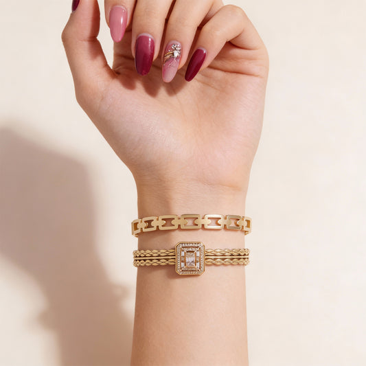 Crystal Braided Gold Bracelet Stack - 18K gold plated stainless steel bracelet stack close-up view - Mehraya