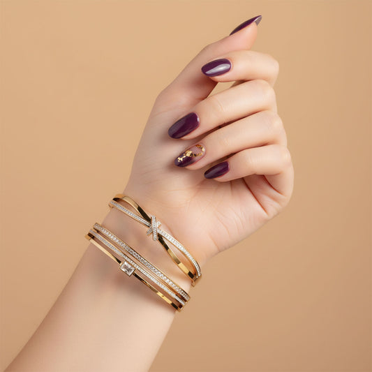 Bound by Love Bracelet Stack - 18K gold plated stainless steel bracelet stack close-up view - Mehraya