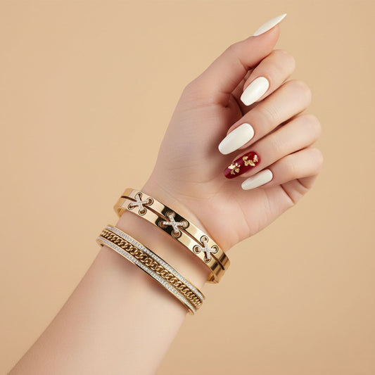 Infinity Cross Crystal Bracelet Stack - 18K gold plated stainless steel bracelet stack close-up view - Mehraya