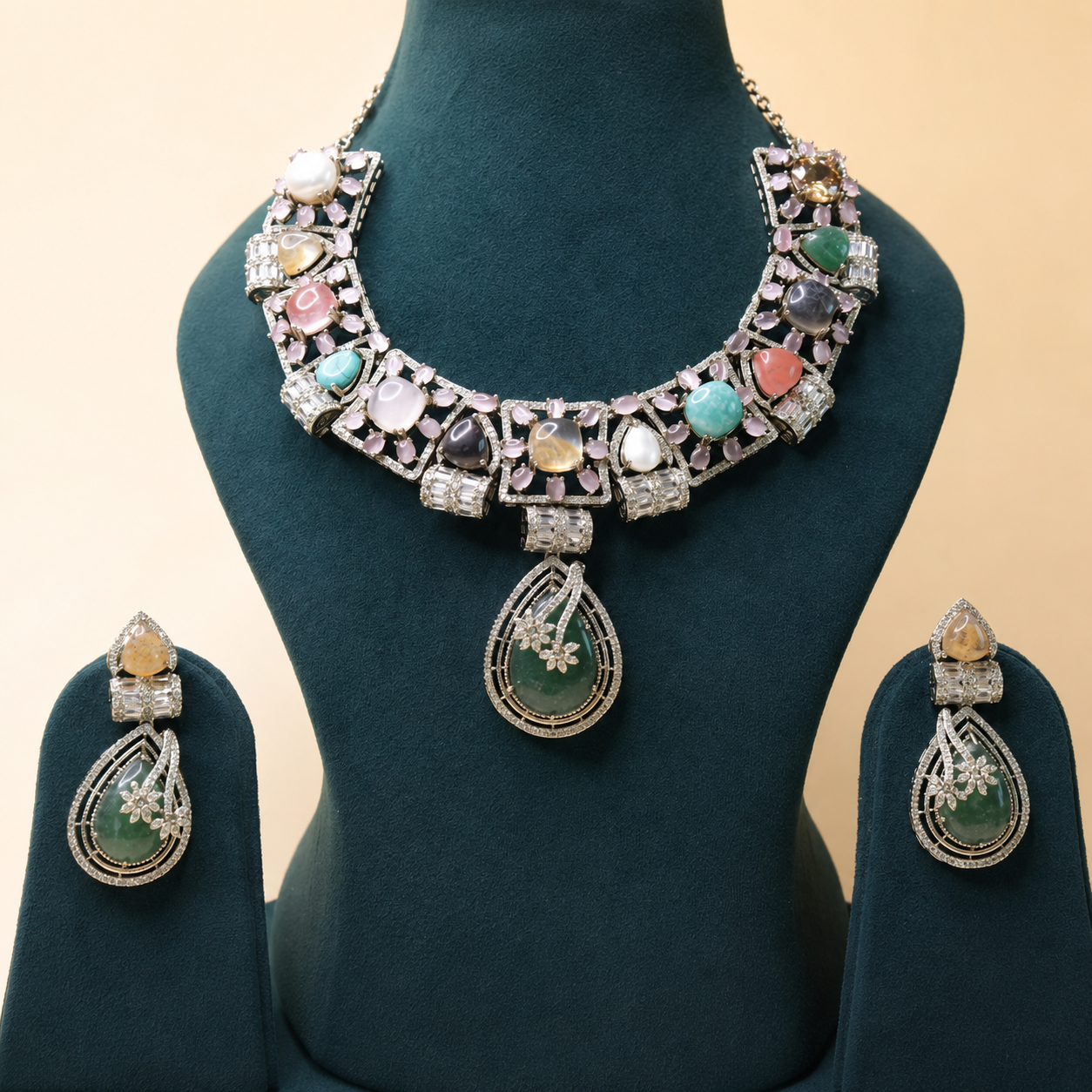 Royal Verdant Gemstone Set - rhodium-plated jewellery set - Mehraya