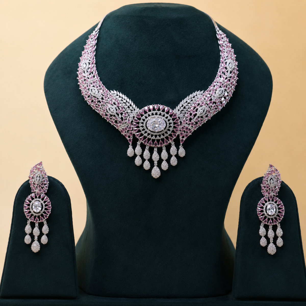 Scarlet Shimmer AD Set - 22K gold plated jewellery set close-up view - Mehraya