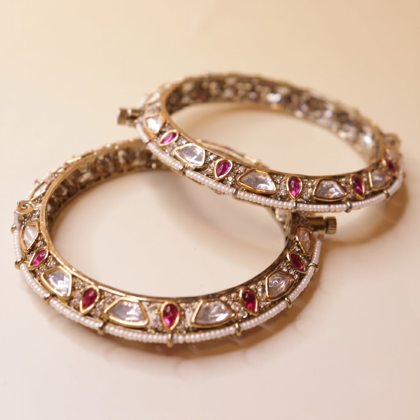 Antique Polki & Ruby Screw-Clasp Bangles