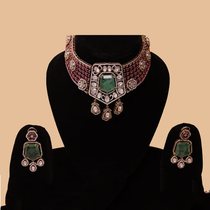 Noor Mahal Polki Combo - 22K gold plated jewellery combo set close-up view - Mehraya