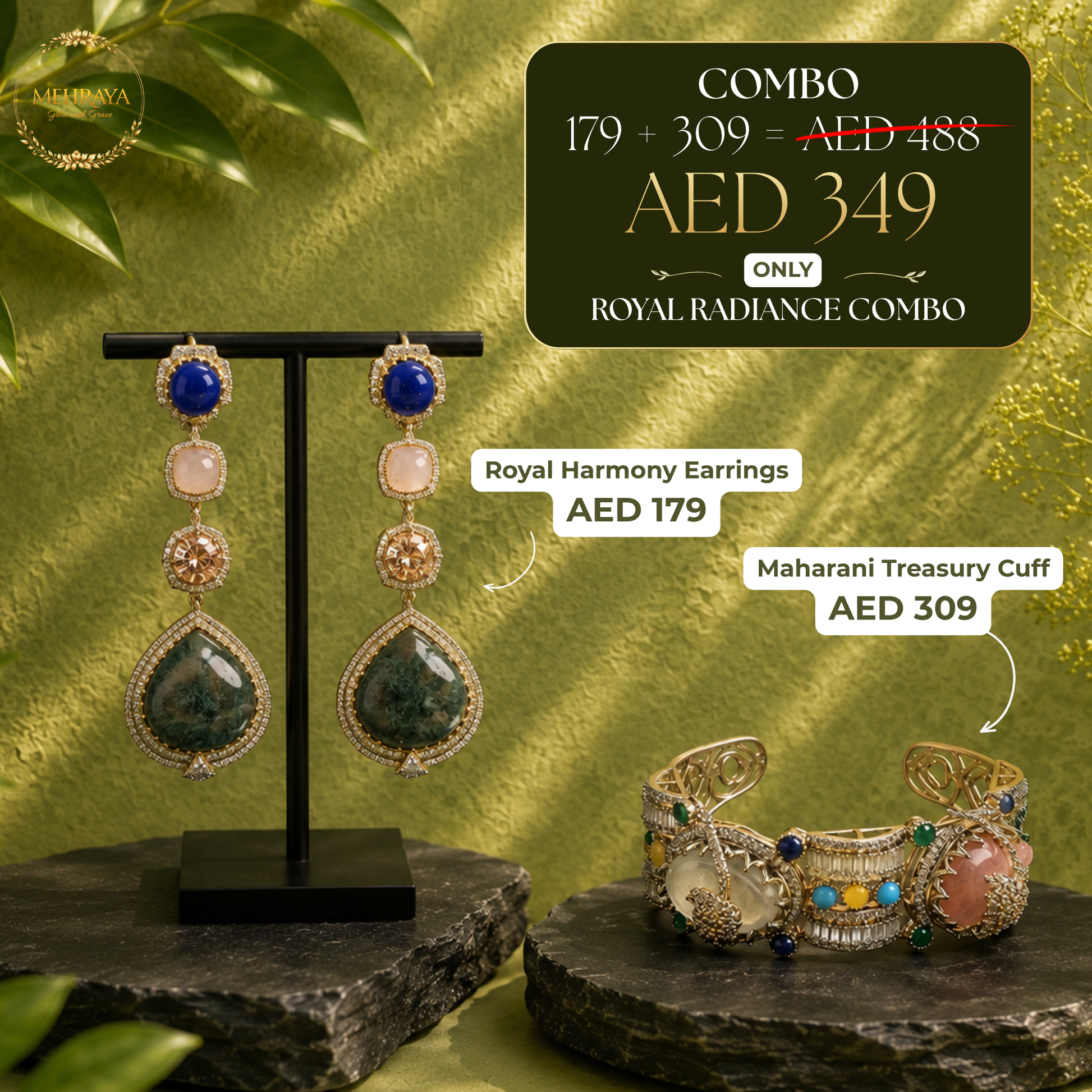 Royal Radiance Combo - 22K gold plated jewellery combo set - Mehraya