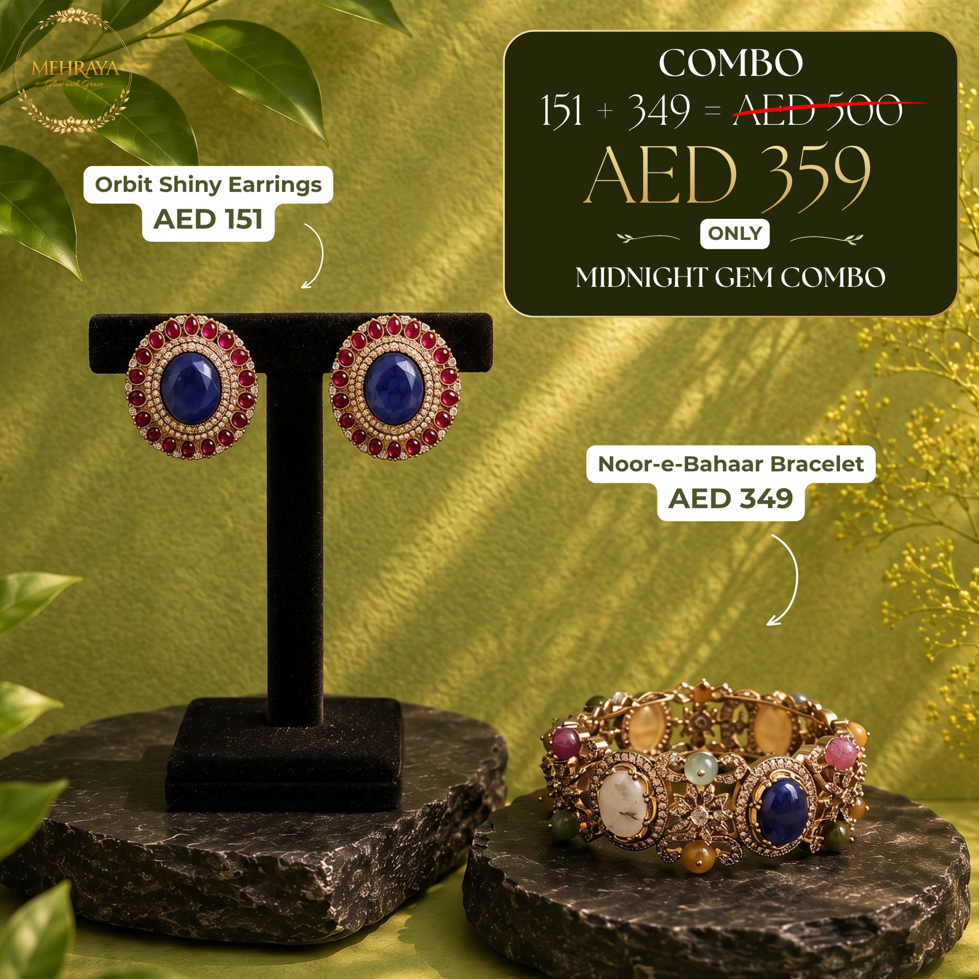 Midnight Gem Combo - 22K gold plated jewellery combo set - Mehraya