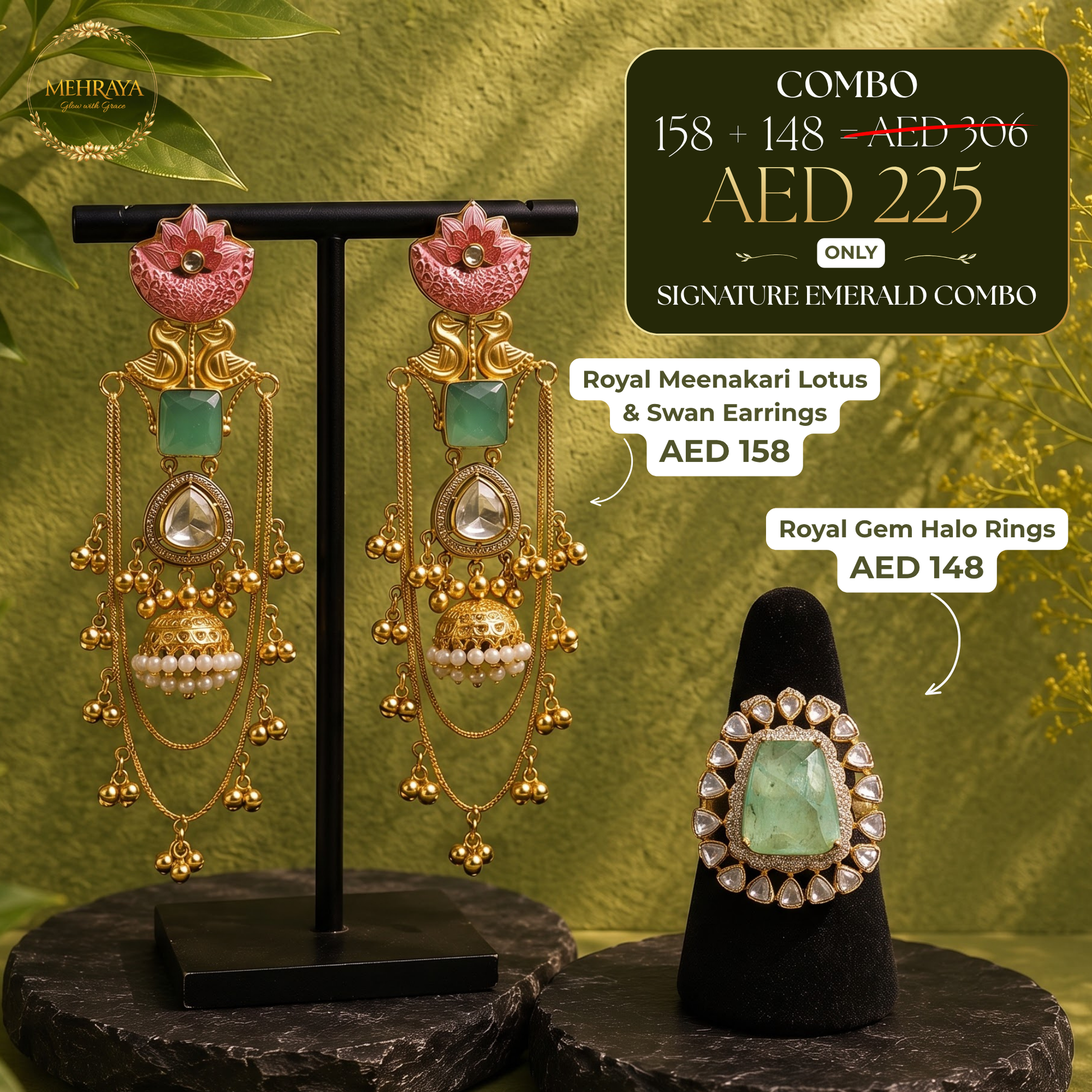 Signature Emerald Combo - 22K gold plated jewellery combo set - Mehraya