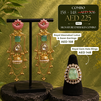Signature Emerald Combo - 22K gold plated jewellery combo set - Mehraya