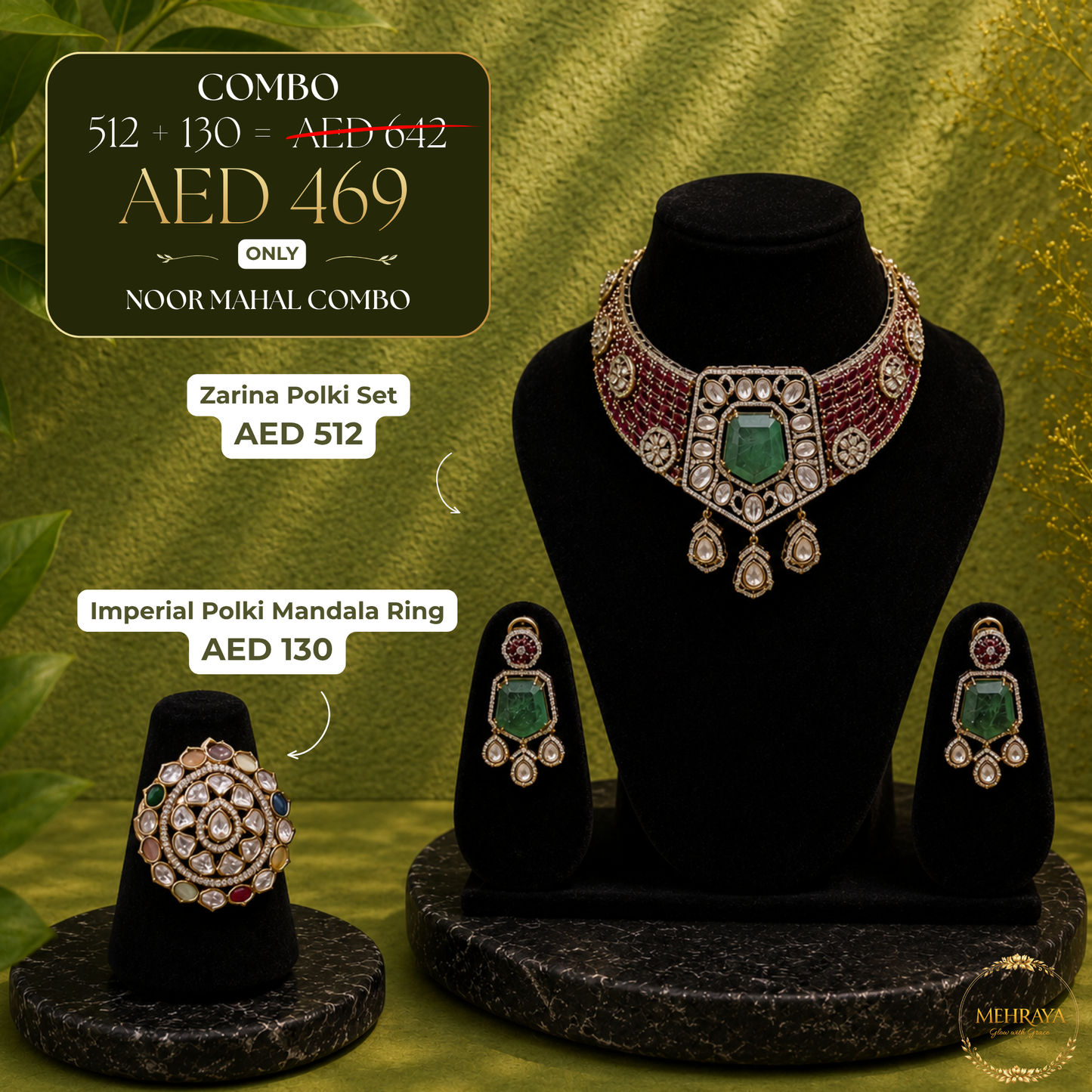Noor Mahal Polki Combo - 22K gold plated jewellery combo set - Mehraya