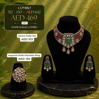 Noor Mahal Polki Combo - 22K gold plated jewellery combo set - Mehraya