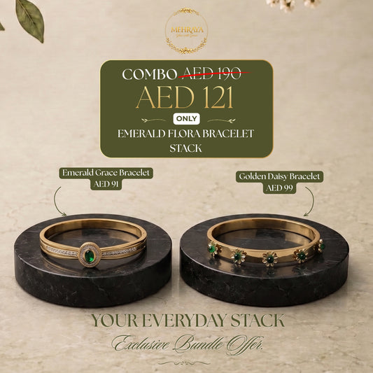 Emerald Flora Bracelet Stack - 18K gold plated stainless steel bracelet stack - Mehraya