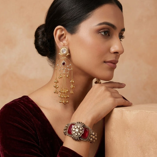 Ruby Royale Combo - 22K gold plated jewellery combo set close-up view - Mehraya