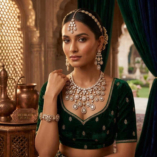 Maharani Luxe Combo - 22K gold plated jewellery combo set close-up view - Mehraya