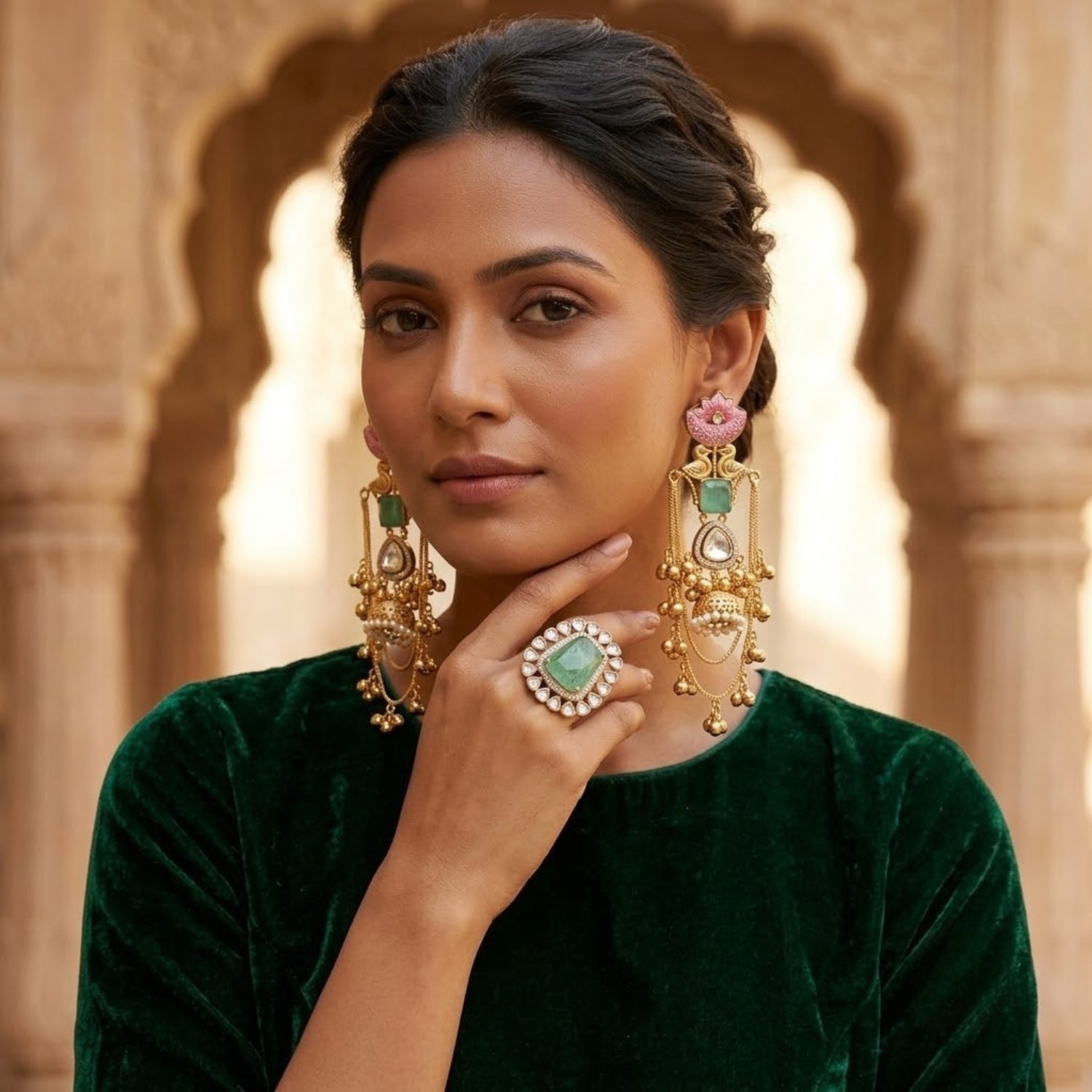 Signature Emerald Combo - 22K gold plated jewellery combo set close-up view - Mehraya