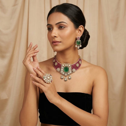 Noor Mahal Polki Combo - 22K gold plated jewellery combo set close-up view - Mehraya