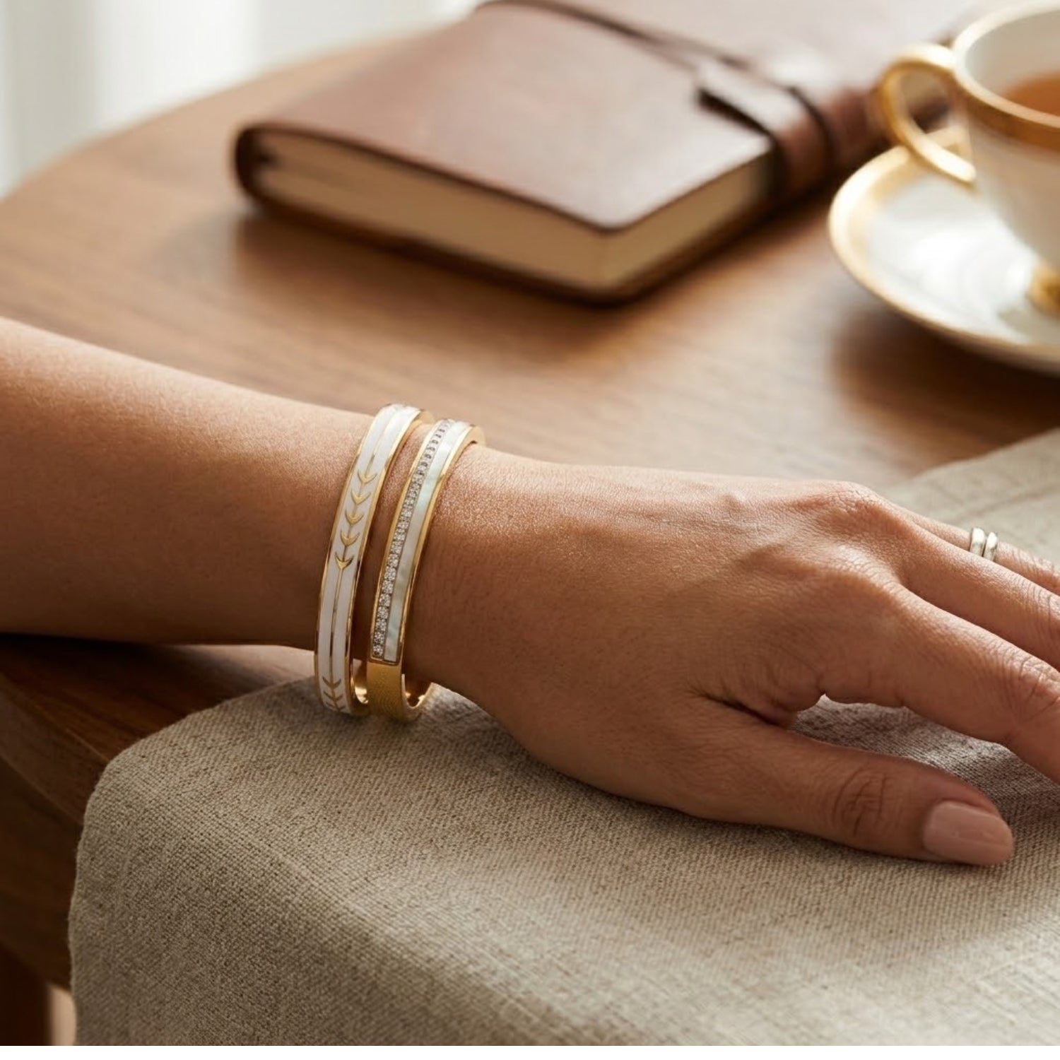 Celestial Grace Bracelet Stack - 18K gold plated stainless steel bracelet stack close-up view - Mehraya