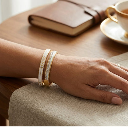 Celestial Grace Bracelet Stack - 18K gold plated stainless steel bracelet stack close-up view - Mehraya