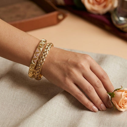 Golden Essence Bracelet Stack - 18K gold plated stainless steel bracelet stack close-up view - Mehraya
