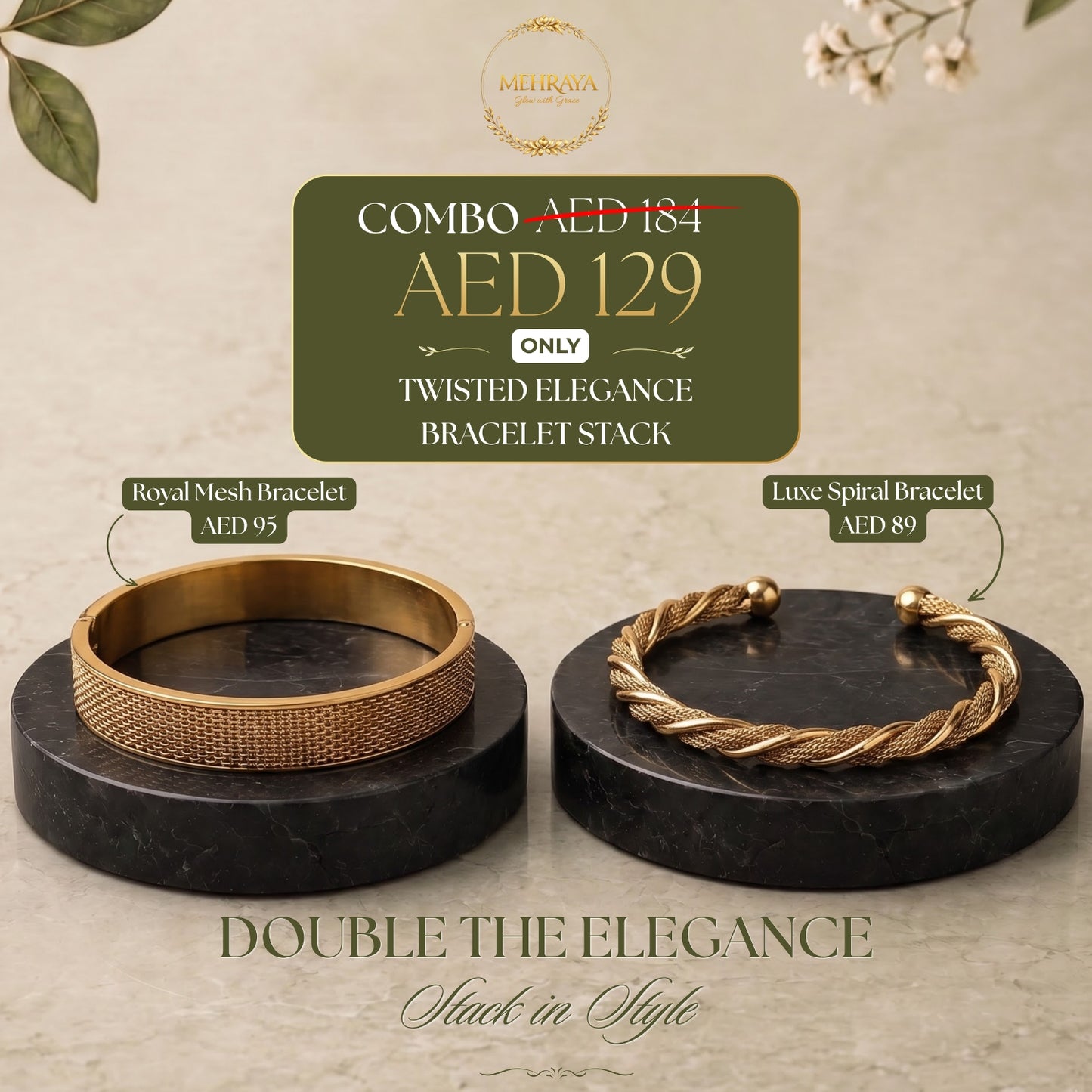 Twisted Elegance Bracelet Stack - 18K gold plated stainless steel bracelet stack - Mehraya
