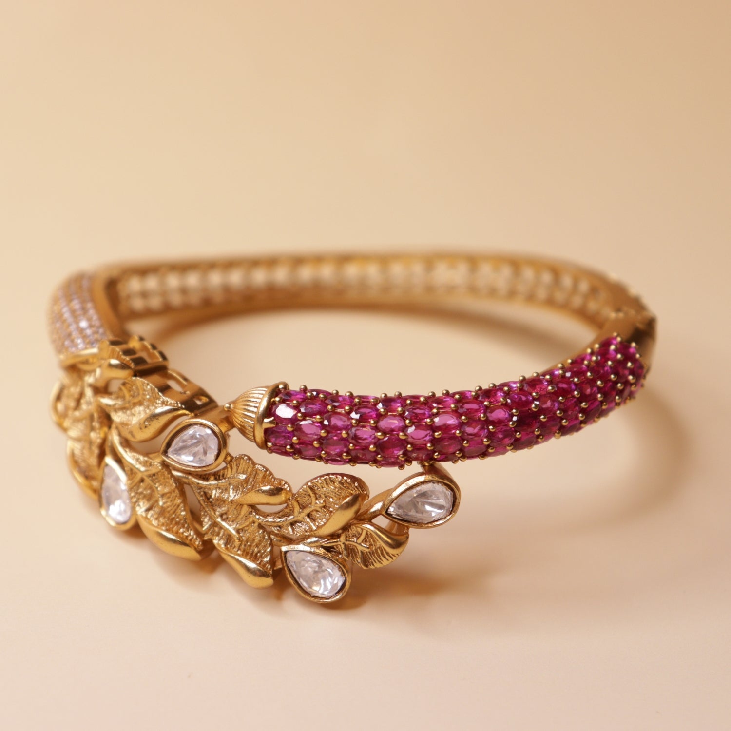 Leafy Vine Gemstone Bracelet - 22K gold plated bracelet close-up view - Mehraya