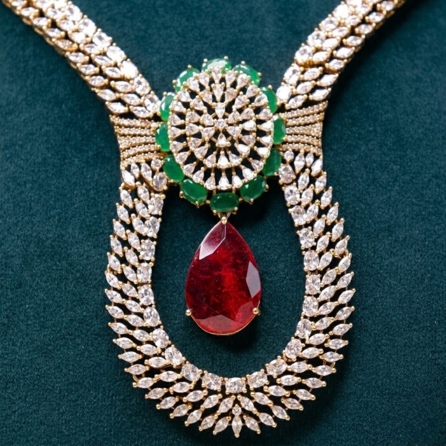Crimson Majesty Doublet Set - 22K gold plated jewellery set - Mehraya - close-up view