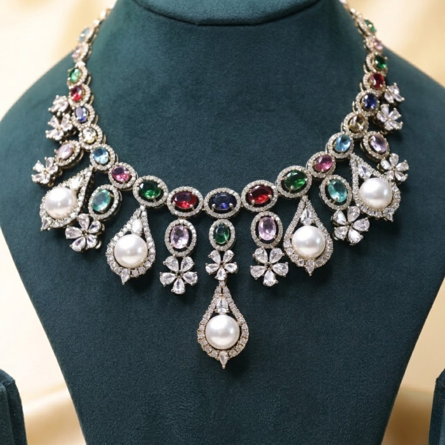 Pearl Garden Gemstone Set - 22K gold plated jewellery set - Mehraya - close-up view