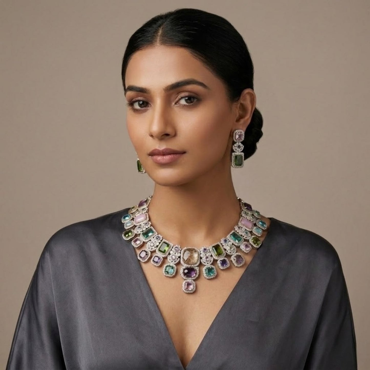 Royal Amethyst AD Set - 22K gold plated jewellery set - Mehraya - close-up view