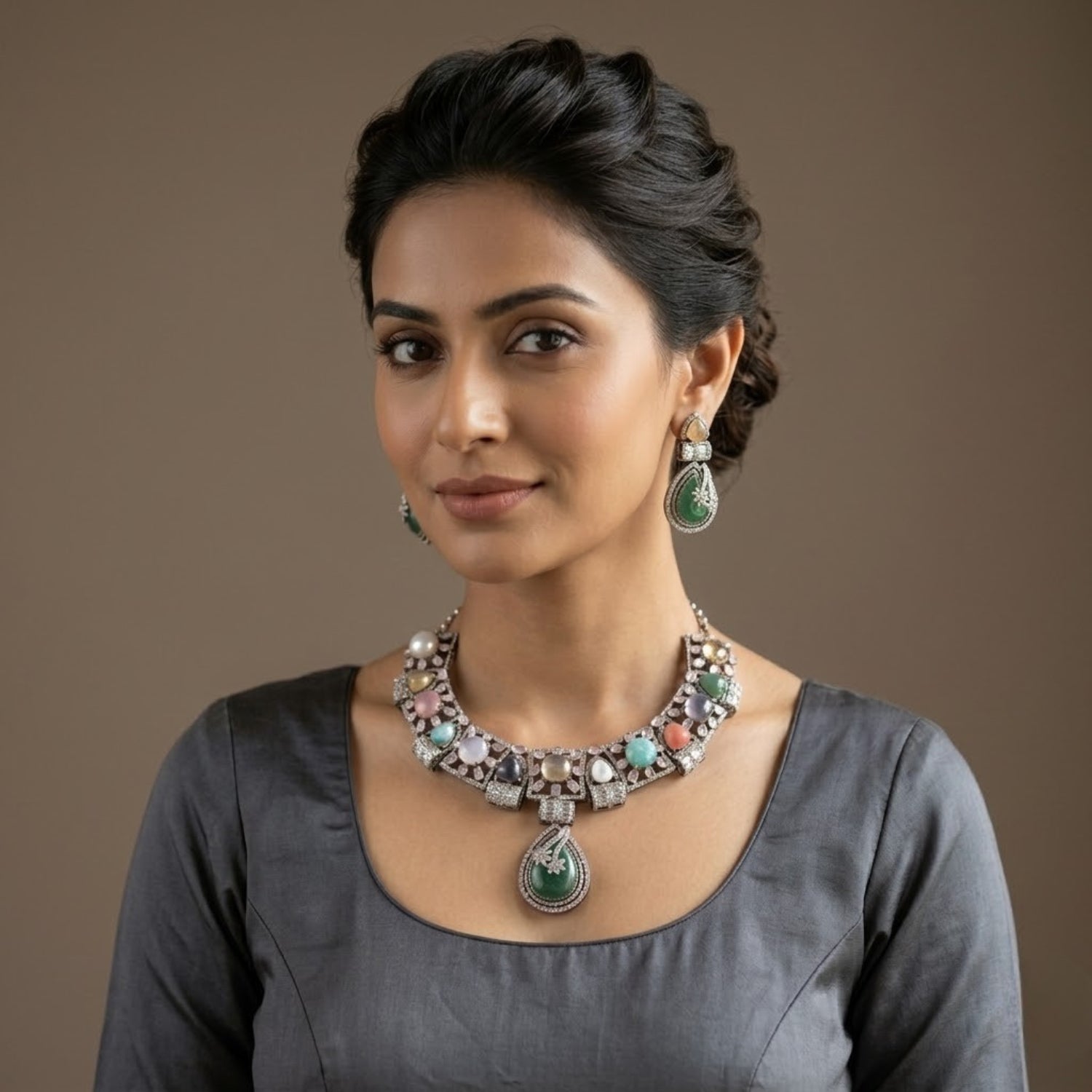 Royal Verdant Gemstone Set - rhodium-plated jewellery set - Mehraya - close-up view