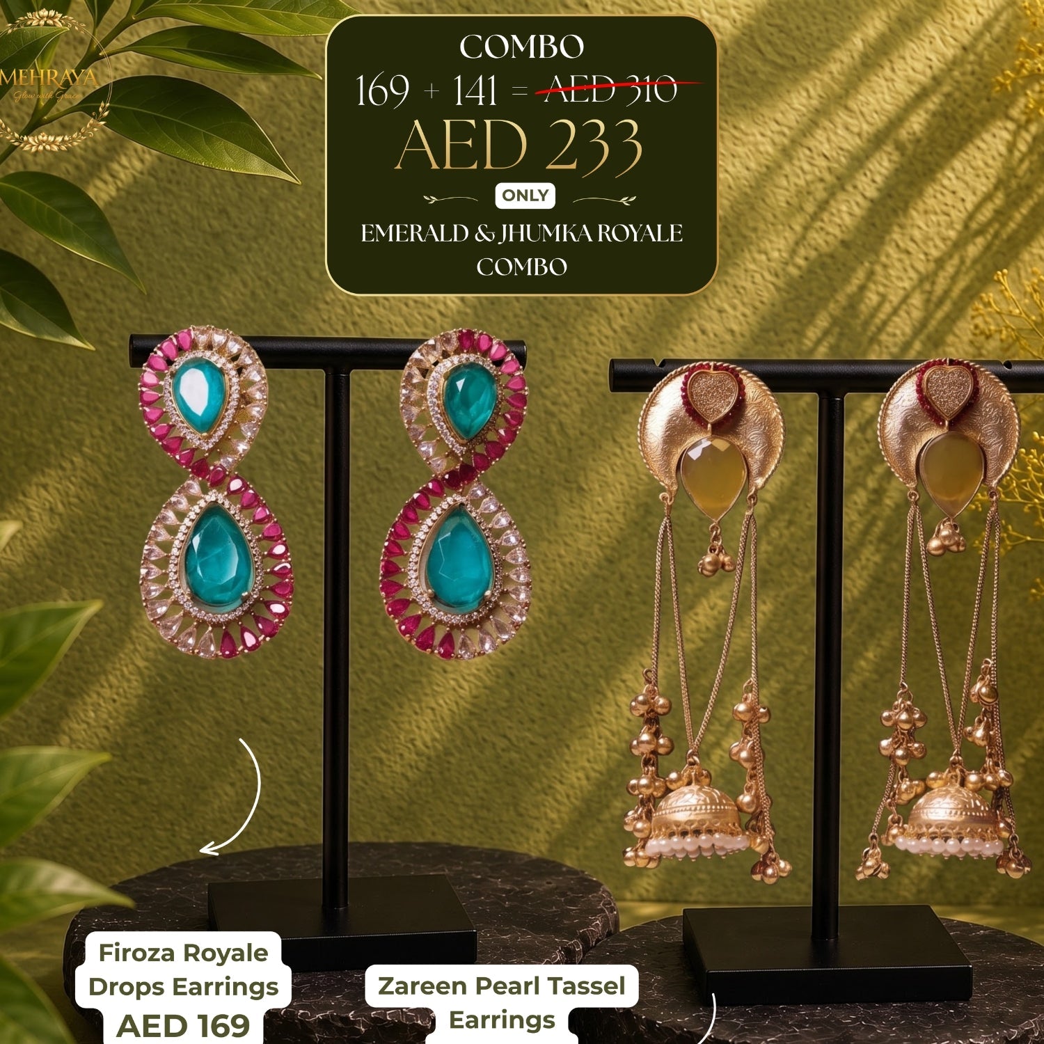Emerald & Jhumka Royale Combo - 22K gold plated jewellery combo set - Mehraya