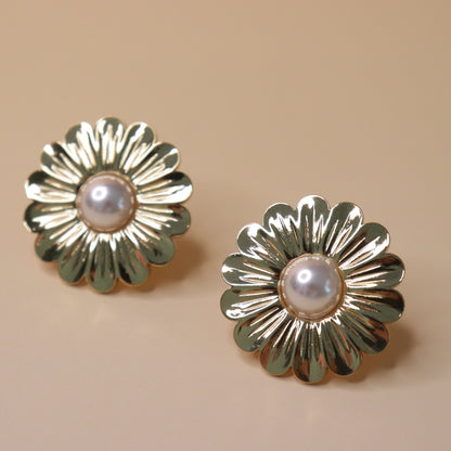 Gold-Toned Floral Pearl Earrings