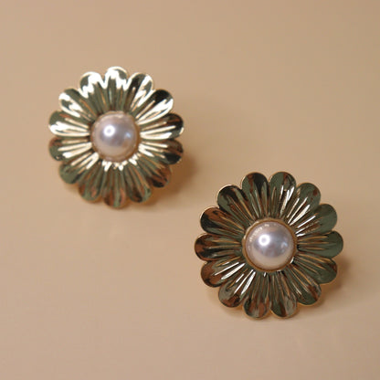 Gold-Toned Floral Pearl Earrings