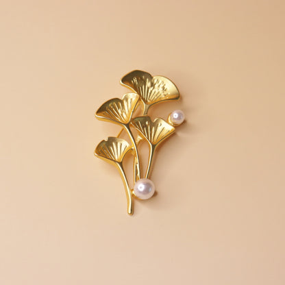 Golden Ginkgo Pearl Brooch