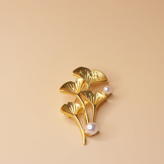 Golden Ginkgo Pearl Brooch