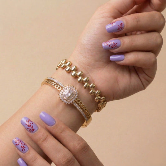 Scalloped Stone-Studded Bracelet Stack - 18K gold plated stainless steel bracelet stack close-up view - Mehraya