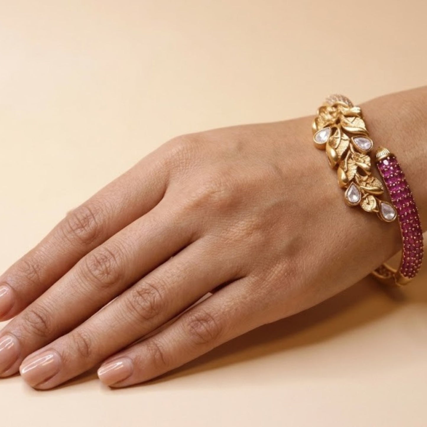 Leafy Vine Gemstone Bracelet - 22K gold plated bracelet close-up view - Mehraya