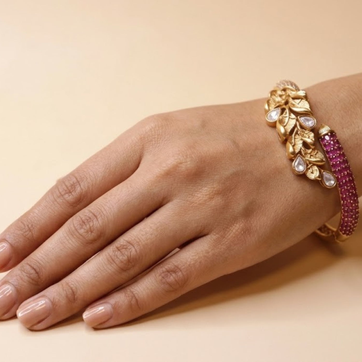 Leafy Vine Gemstone Bracelet - 22K gold plated bracelet close-up view - Mehraya
