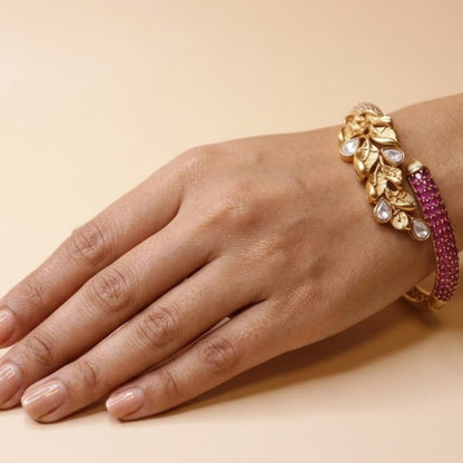 Leafy Vine Gemstone Bracelet - 22K gold plated bracelet close-up view - Mehraya