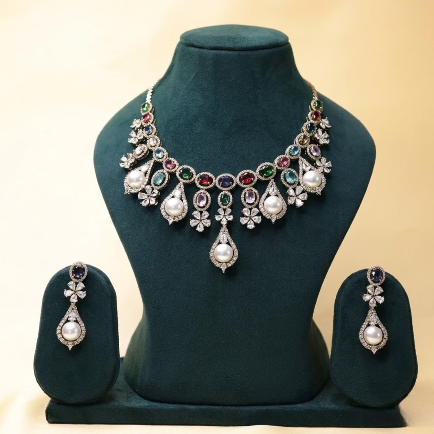 Pearl Garden Gemstone Set - 22K gold plated jewellery set - Mehraya